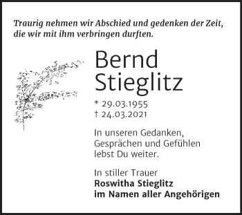 Traueranzeige von Bernd Stieglitz von Mitteldeutsche Zeitung Sangerhausen