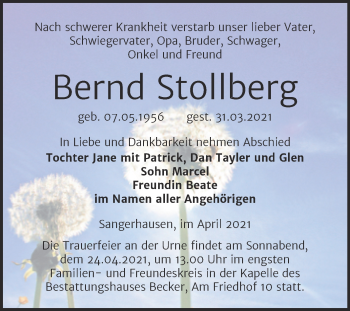 Traueranzeige von Bernd Stollberg von Mitteldeutsche Zeitung Sangerhausen