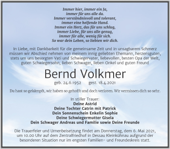 Traueranzeige von Bernd Volkmer von Mitteldeutsche Zeitung Dessau-Roßlau
