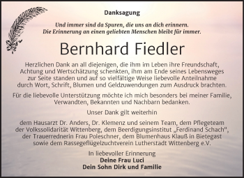 Traueranzeige von Bernhard Fiedler von Mitteldeutsche Zeitung Wittenberg