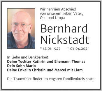 Traueranzeige von Bernhard Nickstadt von Mitteldeutsche Zeitung Dessau-Roßlau