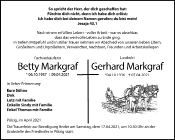 Traueranzeige von Betty und Gerhard Markgraf von Mitteldeutsche Zeitung Zeitz