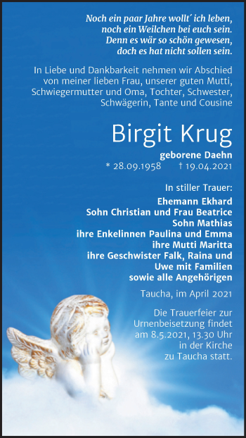 Traueranzeige von Birgit Krug von Mitteldeutsche Zeitung Weißenfels