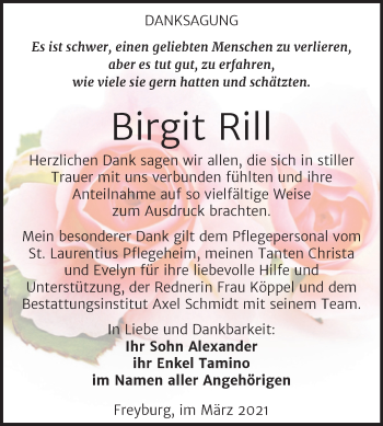 Traueranzeige von Birgit Rill von Super Sonntag Naumburg/Nebra