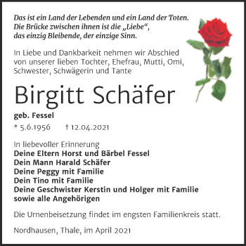 Traueranzeige von Birgitt Schäfer von Mitteldeutsche Zeitung Quedlingburg