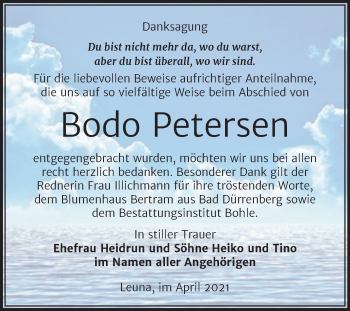 Traueranzeige von Bodo Petersen von Mitteldeutsche Zeitung Merseburg/Querfurt