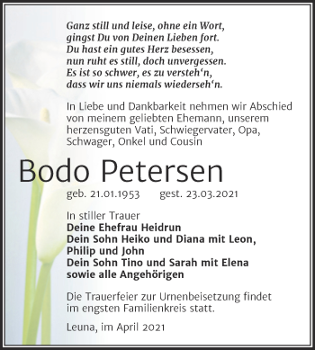 Traueranzeige von Bodo Petersen von Mitteldeutsche Zeitung Merseburg/Querfurt