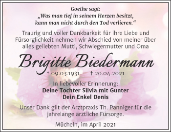 Traueranzeige von Brigitte Biedermann von Trauerkombi Merseburg
