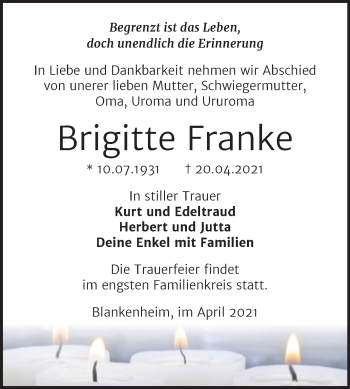 Traueranzeige von Brigitte Franke von Trauerkombi Sangerhausen
