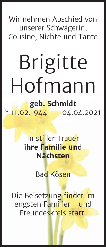 Traueranzeige von Brigitte Hofmann von Wochenspiegel Naumburg/Nebra