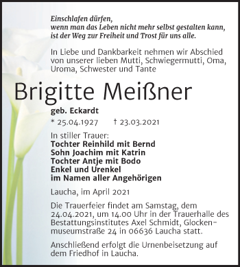 Traueranzeige von Brigitte Meißner von Super Sonntag Naumburg/Nebra
