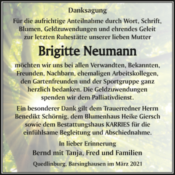 Traueranzeige von Brigitte Neumann von Mitteldeutsche Zeitung Quedlingburg