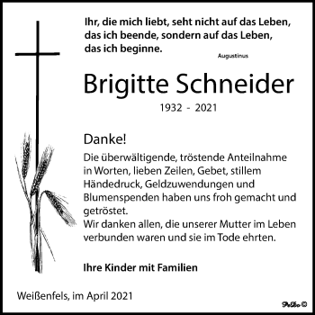 Traueranzeige von Brigitte Schneider von Mitteldeutsche Zeitung Weißenfels