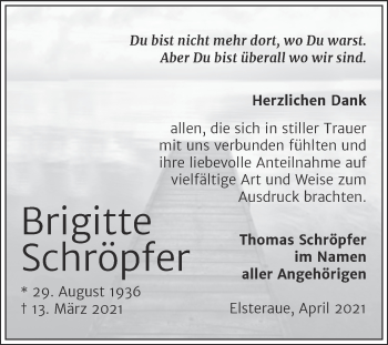 Traueranzeige von Brigitte Schröpfer von Mitteldeutsche Zeitung Zeitz