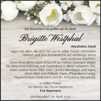 Traueranzeige von Brigitte Westphal von Mitteldeutsche Zeitung Merseburg/Querfurt