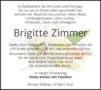 Traueranzeige von Brigitte Zimmer von Mitteldeutsche Zeitung Dessau-Roßlau