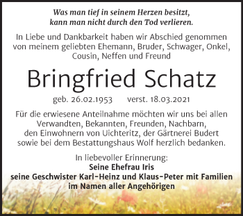 Traueranzeige von Bringfried Schatz von Mitteldeutsche Zeitung Weißenfels