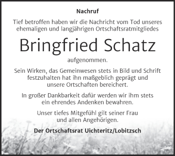 Traueranzeige von Bringfried Schatz von Mitteldeutsche Zeitung Weißenfels