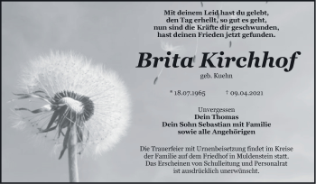 Traueranzeige von Brita Kirchhof von Trauerkombi Bitterfeld
