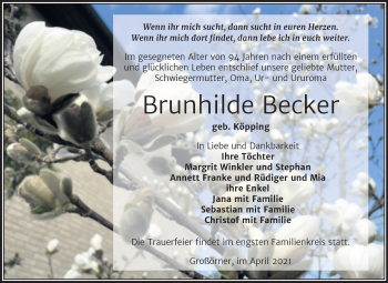 Traueranzeige von Brunhilde Becker von Mitteldeutsche Zeitung Mansfelder Land