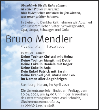 Traueranzeige von Bruno Mendler von Super Sonntag Naumburg/Nebra