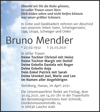 Traueranzeige von Bruno Mendler von Mitteldeutsche Zeitung Naumburg/Nebra