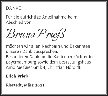 Traueranzeige von Bruno Prieß von Mitteldeutsche Zeitung Sangerhausen