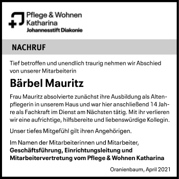 Traueranzeige von Bärbel Mauritz von Super Sonntag Wittenberg