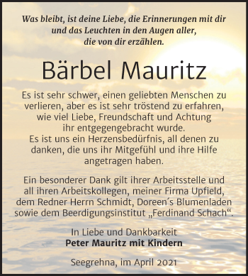Traueranzeige von Bärbel Mauritz von Mitteldeutsche Zeitung Wittenberg