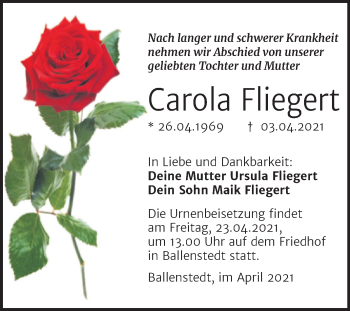 Traueranzeige von Carola Fliegert von Mitteldeutsche Zeitung Quedlingburg