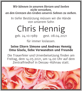 Traueranzeige von Chris Hennig von Mitteldeutsche Zeitung Dessau-Roßlau