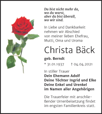 Traueranzeige von Christa Bäck von Mitteldeutsche Zeitung Wittenberg