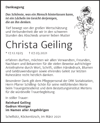 Traueranzeige von Christa Geiling von Wochenspiegel Naumburg/Nebra
