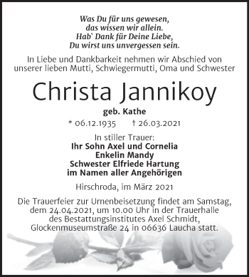 Traueranzeige von Christa Jannikoy von Mitteldeutsche Zeitung Naumburg/Nebra