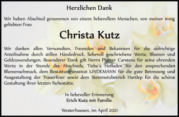 Traueranzeige von Christa Kutz von Mitteldeutsche Zeitung Quedlingburg