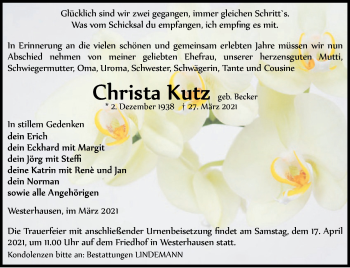 Traueranzeige von Christa Kutz von Mitteldeutsche Zeitung Quedlingburg