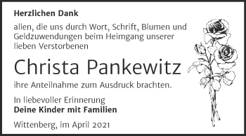Traueranzeige von Christa Pankewitz von Trauerkombi Wittenberg