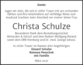 Traueranzeige von Christa Schulze von Mitteldeutsche Zeitung Bernburg
