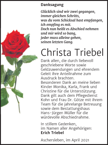 Traueranzeige von Christa Triebel von Mitteldeutsche Zeitung Aschersleben