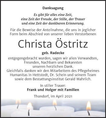 Traueranzeige von Christa Östritz von Trauerkombi Mansfelder Land