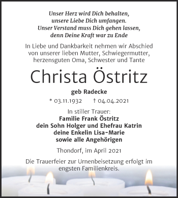 Traueranzeige von Christa Östritz von Mitteldeutsche Zeitung Mansfelder Land