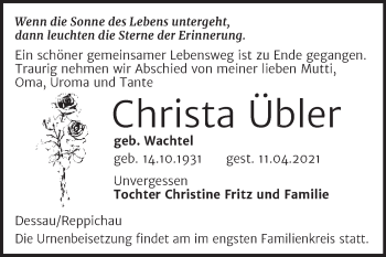 Traueranzeige von Christa Übler von Mitteldeutsche Zeitung Dessau-Roßlau