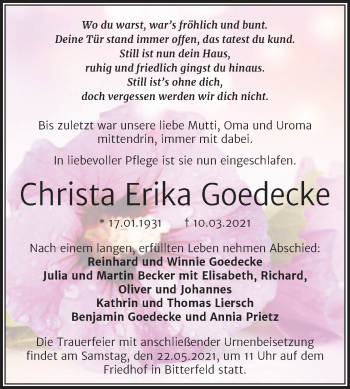 Traueranzeige von Christa Erika Goedecke von Mitteldeutsche Zeitung Bitterfeld