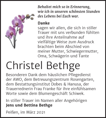 Traueranzeige von Christel Bethge von Mitteldeutsche Zeitung Bernburg