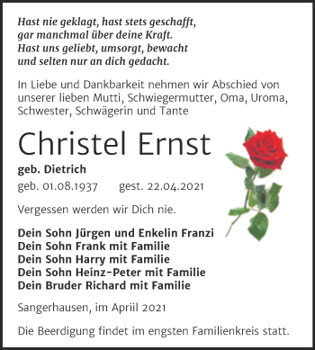 Traueranzeige von Christel Ernst von Trauerkombi Sangerhausen