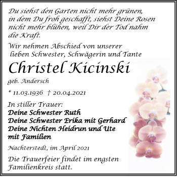 Traueranzeige von Christel Kicinski von Trauerkombi Aschersleben