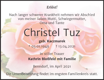 Traueranzeige von Christel Tuz von Mitteldeutsche Zeitung Mansfelder Land