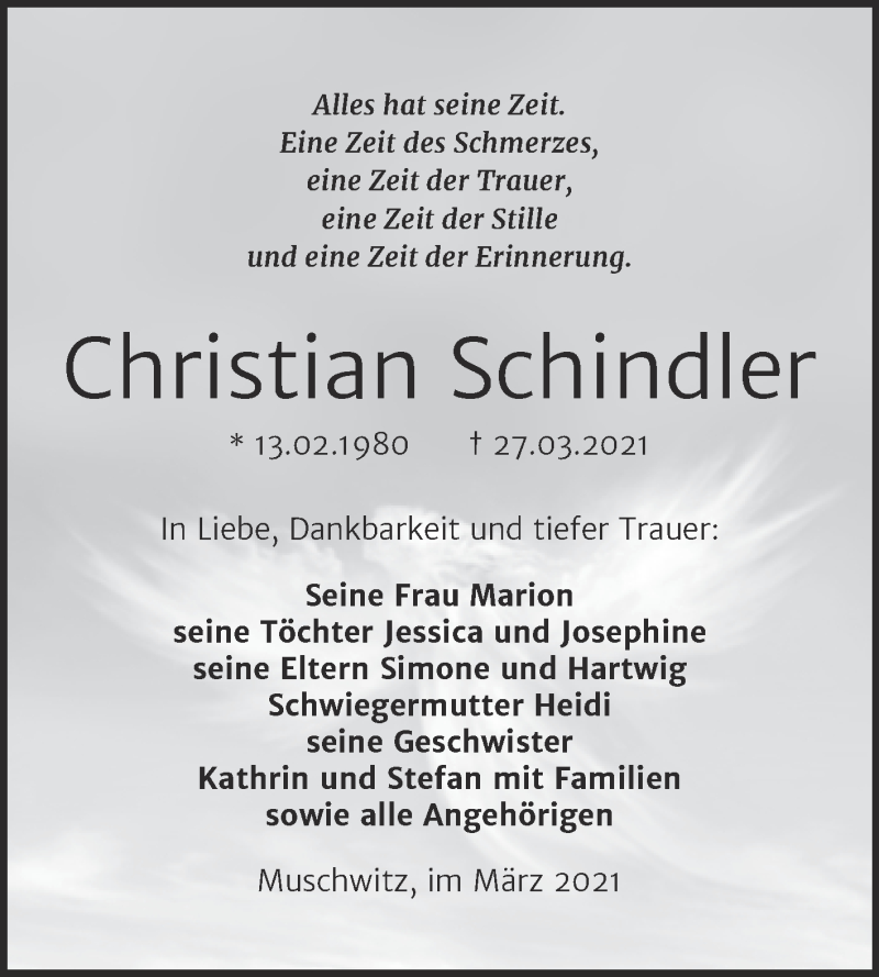  Traueranzeige für Christian Schindler vom 07.04.2021 aus Mitteldeutsche Zeitung Weißenfels