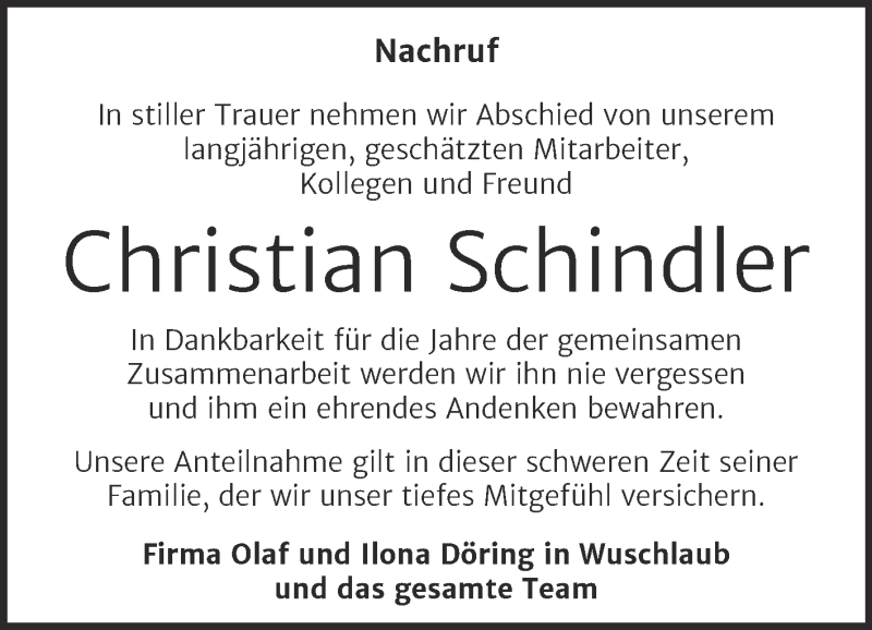  Traueranzeige für Christian Schindler vom 17.04.2021 aus Super Sonntag Weißenfels