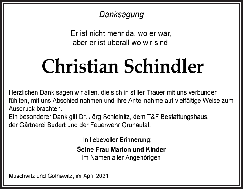  Traueranzeige für Christian Schindler vom 24.04.2021 aus Mitteldeutsche Zeitung Weißenfels